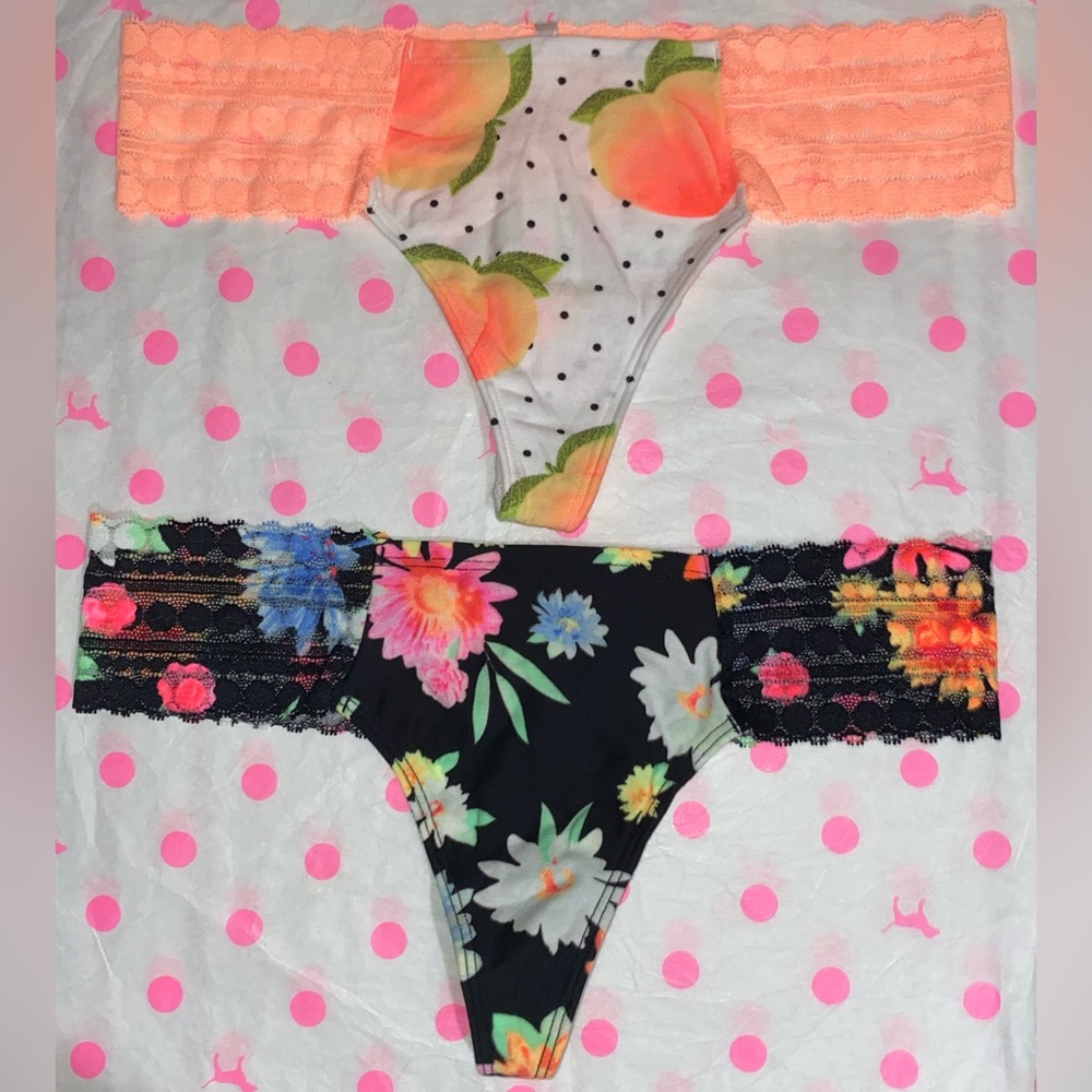 2 Victoria’s Secret PINK Floral Lace Thong Panties VS PINK lace panties bundle